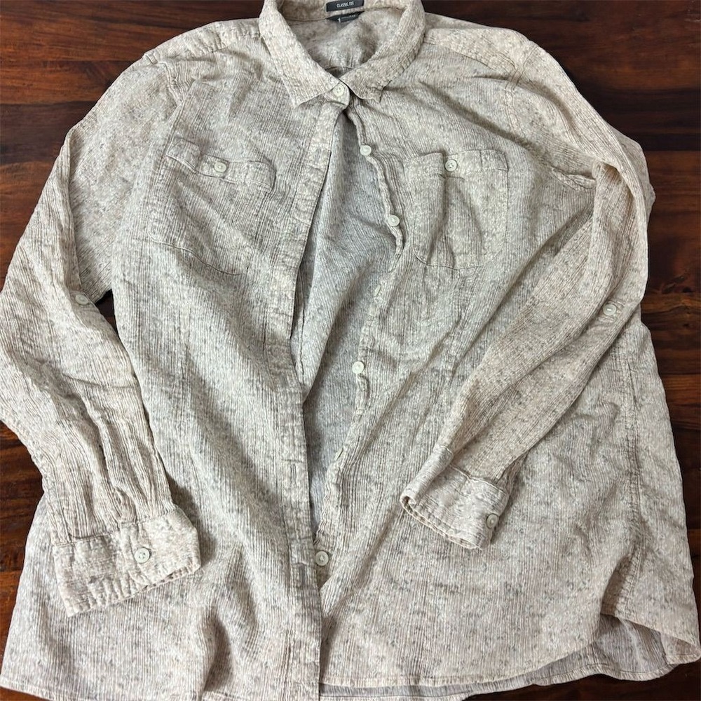 Eddie Bauer Womens 2XL Classic Fit Cotton Crinkle Gauze Button Down Shirt Beige